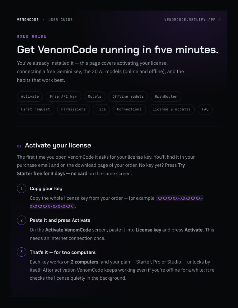 Page 1 of the VenomCode user manual