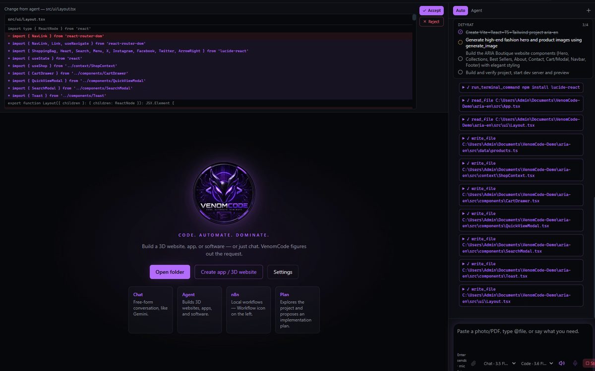 VenomCode writing project files, with a code change shown and every step listed in the agent panel